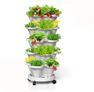 Vertical Planters 5 Tiered, Stacking Tower Garden For Herb Vegetable with Movable Casters and Bottom Saucer Indoor and Outdoor - White