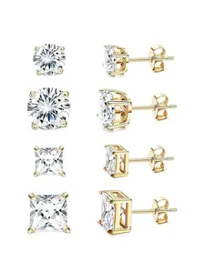 Stud Earrings for Women Men Square & Round AAAAA+ Cubic Zirconia Earring Studs Earrings 18K Gold Plated Hypoallergenic 316L Surgical Stainless Steel CZ Earrings 3-6mm 4 Pairs