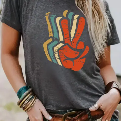 Women's Summer Casual Vintage Colorblock Print Round-Neck Short-Sleeve T-Shirt, Comfortable Breathable Fit, S-XXL
