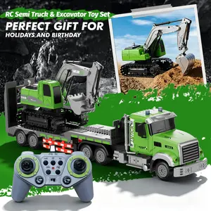 RC Semi Truck & Excavator Toy Set, 1:12 Removable and Rechargeable Remote Control Flatbed Trailer Truck with Lights & Sound, 2.4GHz RC Construction Vehicles for Kids,Surprise Gift, Parent-Child Interaction