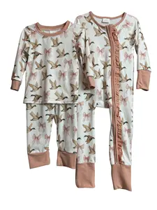 Cozy Hunting Season Long-Sleeve Pajama Set for Girls Duck & Bow Accents Ultra-Soft Sleepwear Pastel Cute Pajamas