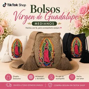 Crossbody Bucket Bag Wayuu Virgin of Guadalupe Decorated cream Details Handmade medium