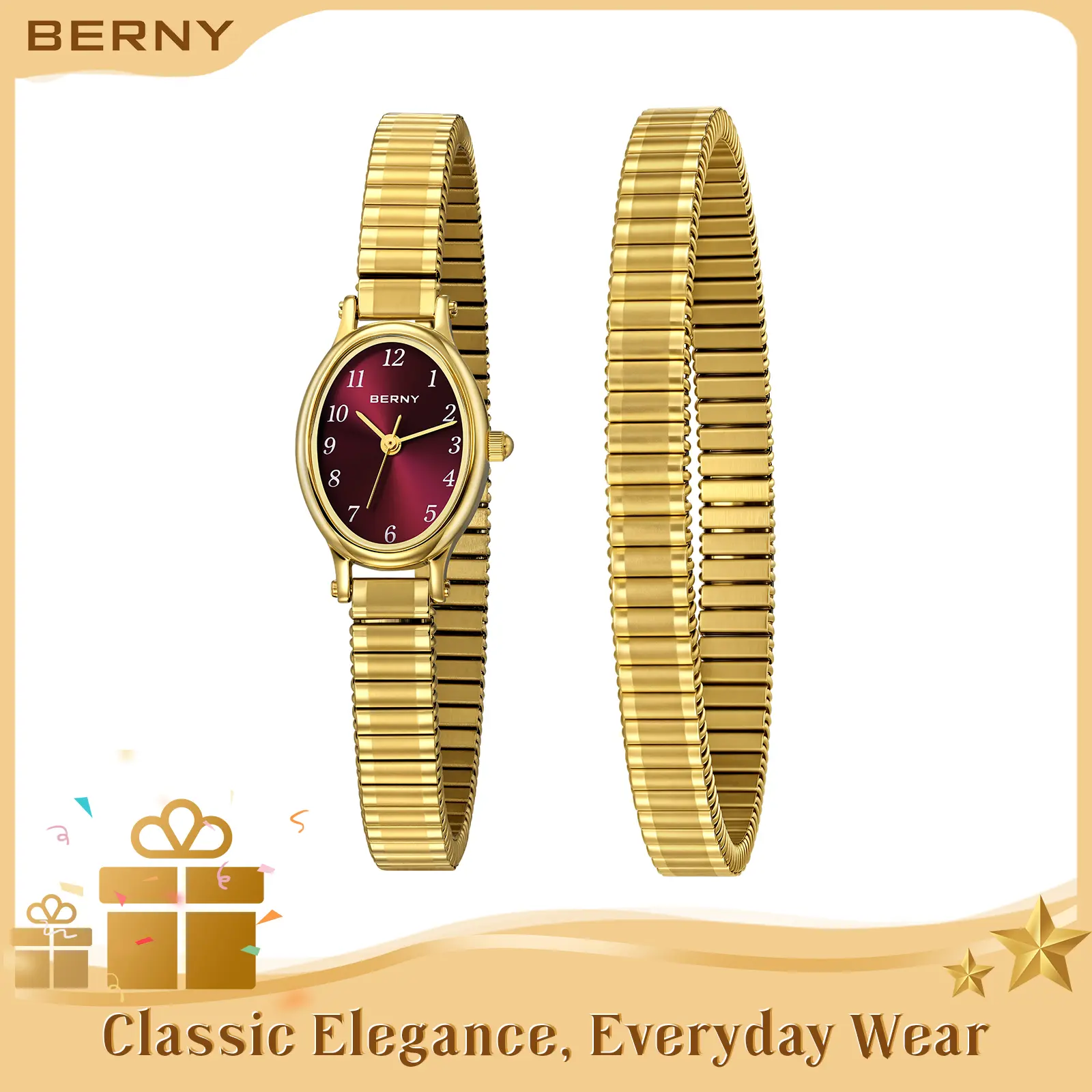 BERNY Gold Watch for Women Elegant Ladies Wrist Watch Dainty Oval Quartz Watches Bracelet Set 3ATM Waterproof Detachable Stainless Steel Expansion Stretch Band Lightweight Minimalist Luxury Stylish Gift for All Outfits, Reloj, Fashion Summer Accessories
