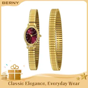 BERNY Gold Watch for Women Elegant Ladies Wrist Watch Dainty Oval Quartz Watches Bracelet Set 3ATM Waterproof Detachable Stainless Steel Expansion Stretch Band Lightweight Minimalist Luxury Stylish Gift for All Outfits, Reloj