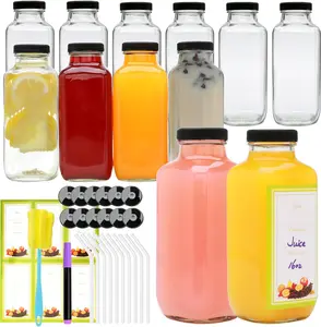 12pack 16oz Glass Juice Bottles with Lids, Reusable Juice Containers Drinking Jars Water Cups with Brush, Glass Straws
