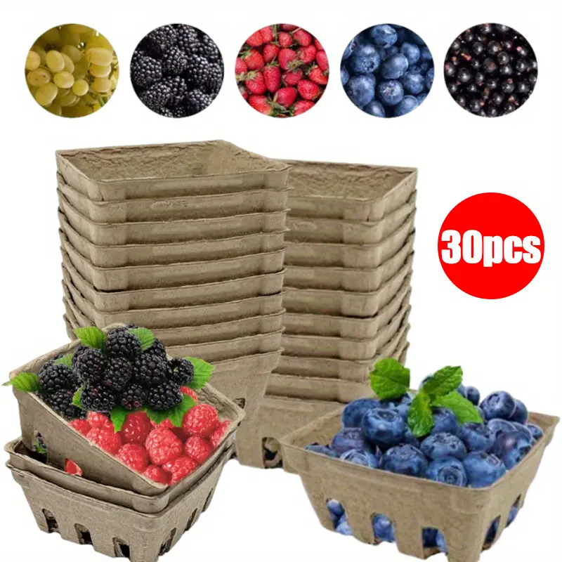 30pcs Natural Pulp Fiber Food Fruit Baskets - Brown Molded Design, Ventilation Slits for Berries, Vegetables - Ideal for Farmers Markets, Backyard Parties