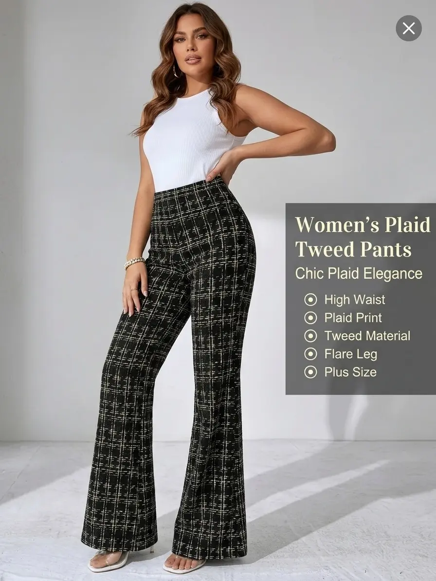 Women's High-Waisted Elegant Houndstooth Flared Pants - Slim, Comfortable Bottoms for Professional Office, Casual, Cocktail Occasions