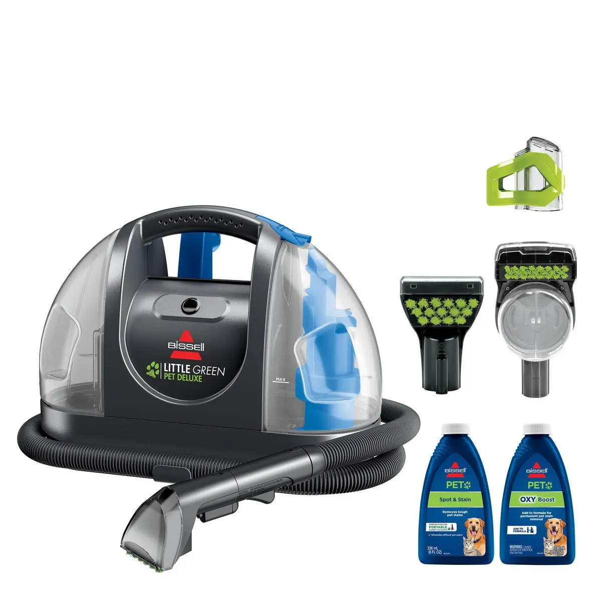 BISSELL® Little Green® Pet Deluxe Portable Deep Cleaner with Powerful Suction, 48 oz. Clean Tank Capacity, 3" Tough Stain Tool, Stain Trapper Tool and HydroRinse Self-Cleaning Hose Tool