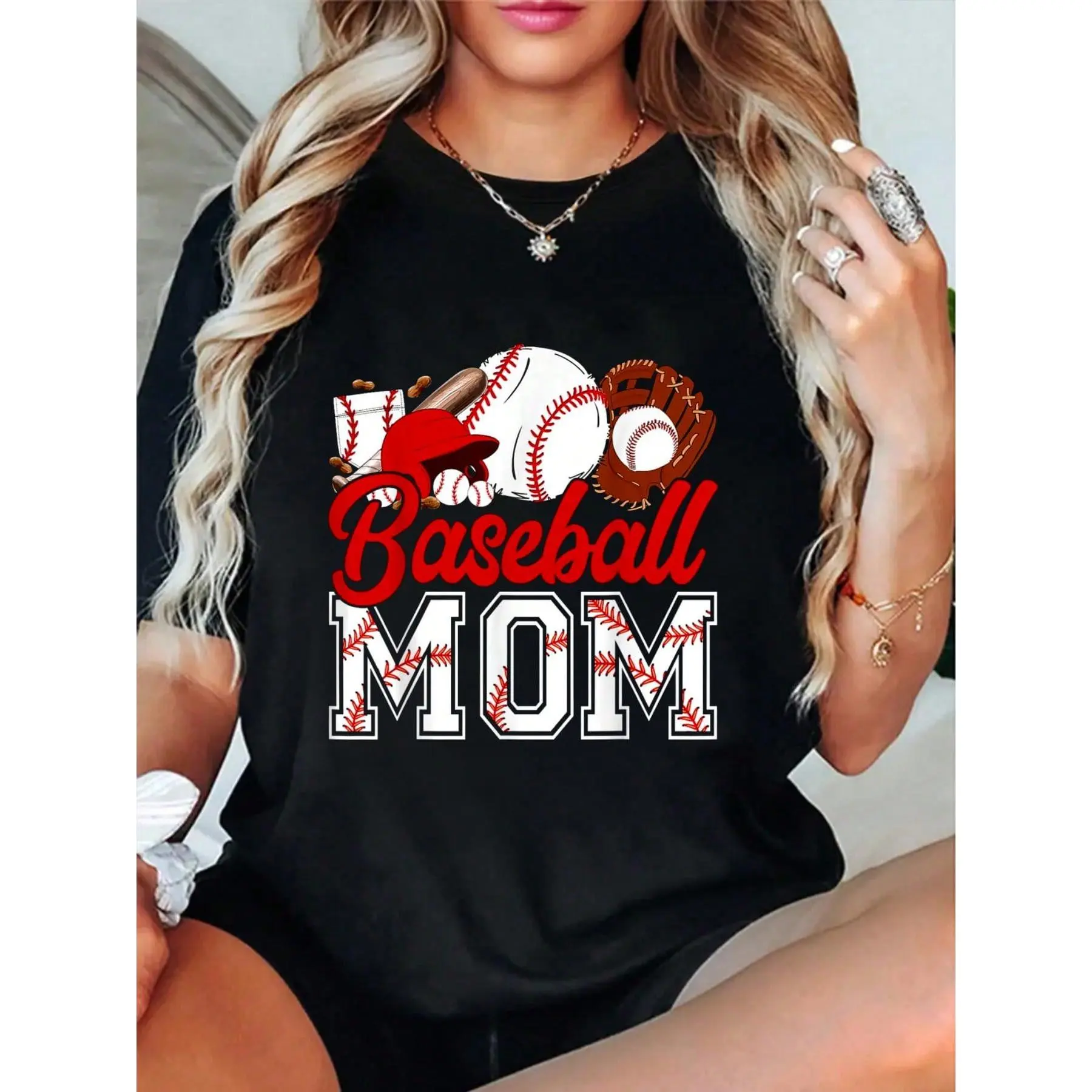 Women's 100% Cotton Round Neck Short Sleeve Fitted Graphic T-Shirt - Comfortable Retro Fabric, Vintage Sports Mama Print, Baseball Softball Game Day Top, Casual Leggings Pairing, Shortsleeve