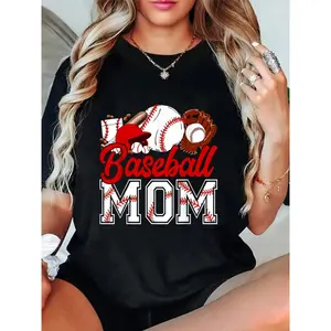 Women's Retro Baseball Mom T-Shirt 100% Cotton Crew Neck Softball Game Day Tee Vintage Sports Mama Print Casual Comfortable Top Womenswear Tshirt Crewneck Shortsleeve