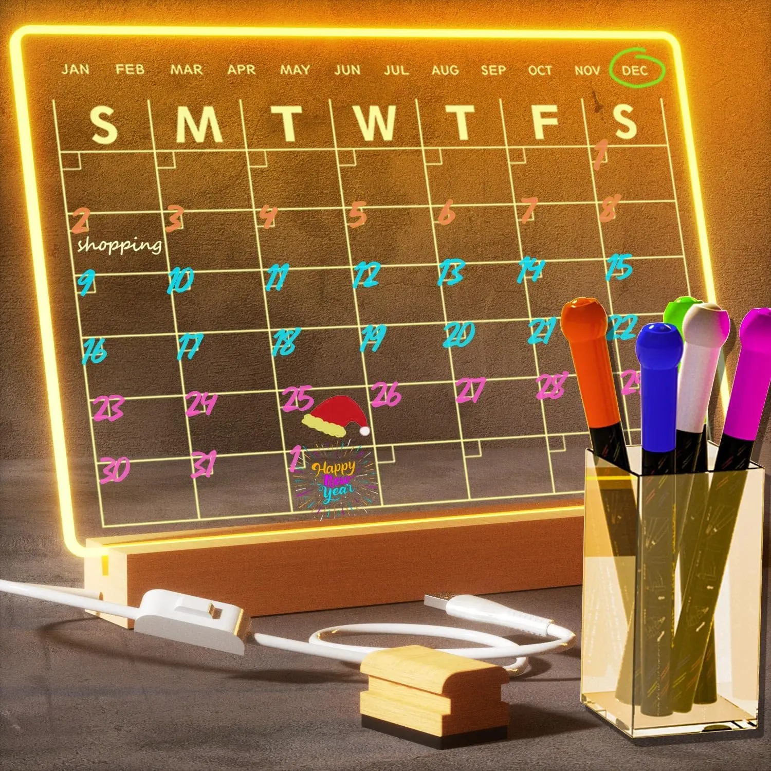 Light Up Clear Dry Erase Calendar 13 x 9 inch with 5 Markers,  Lighting Markable Calendar Board Agenda for Bedroom/Office//Kitchen