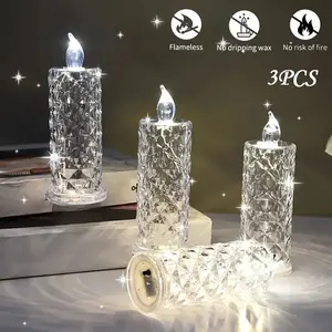 Set of 3 Sparkling Crystal Diamond Candles, Battery Powered LED Tea Lights, Realistic Wax Effect, Home Decor Light, Home Decoration Lamp, Perfect for Weddings, Halloween & Christmas Decorations, Indoor Decorative Light