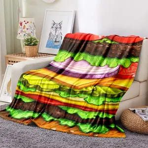 Luxury Flannel Cartoon Burger Print Blanket, Soft Polyester Fiber Throw for Bed Sofa Outdoor Travel Gift, Modern Style Home Decor, Throw Blankets