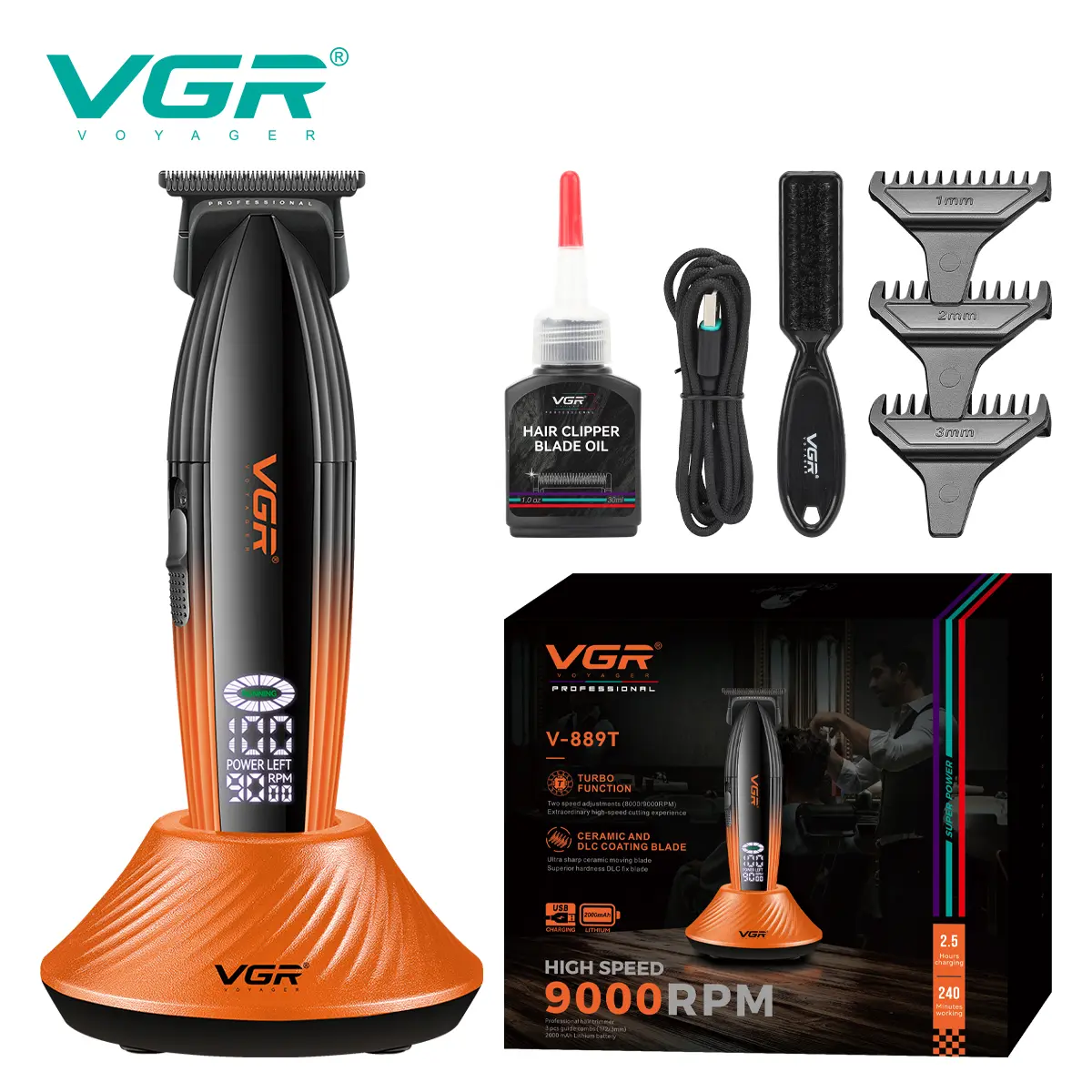 VGR 889T Men's Professional Hair Clipper 9000 RPM High-Speed Wireless Barber-Grade with Ceramic DLC Blades Zero-Gap USB LCD Display USB-C Charging Base Salon Use Includes Storage Case Comb