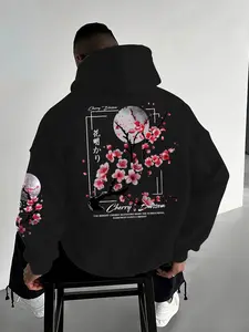 Men's Casual Loose-Fit Hooded Sweatshirt, Floral Print Hoodie, Floral Letter Print, Thick Fabric, Fall & Winter Wear, Comfortable and Stylish Men's Clothing