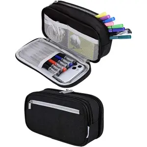 Big Pencil Case Large Capacity Pencil Bag Pouch 3 Multi Comparments High Storage Pen Holder Marker Holder Portable Office Stationery Organizer Supplies Makeup Cosmetic Bag Men Women (Black)