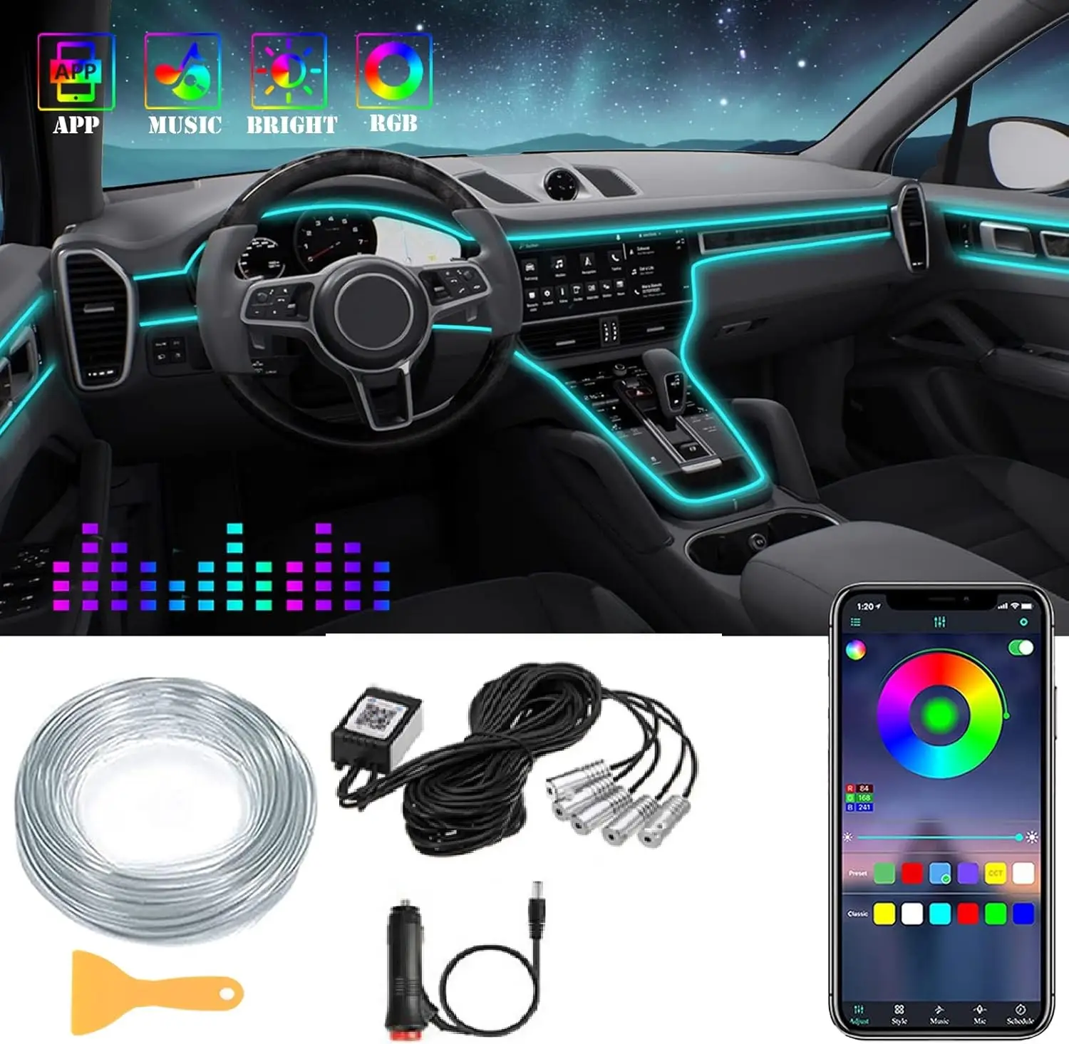 6M Multi-Color Car Interior Led Strip Lights Rgbic EL Wires Flexible Ambient Lighting Fiber Optics USB Neon Light Automotive Decoration Dashboard