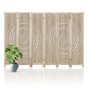 【GARVEE】6 Panel Carved Wood Room Divider with Cutout Design, Folding Privacy Screens for Bedroom, Office, Terrace, 5.6 Ft, Natural Color - Elegant and Functional Room Partition