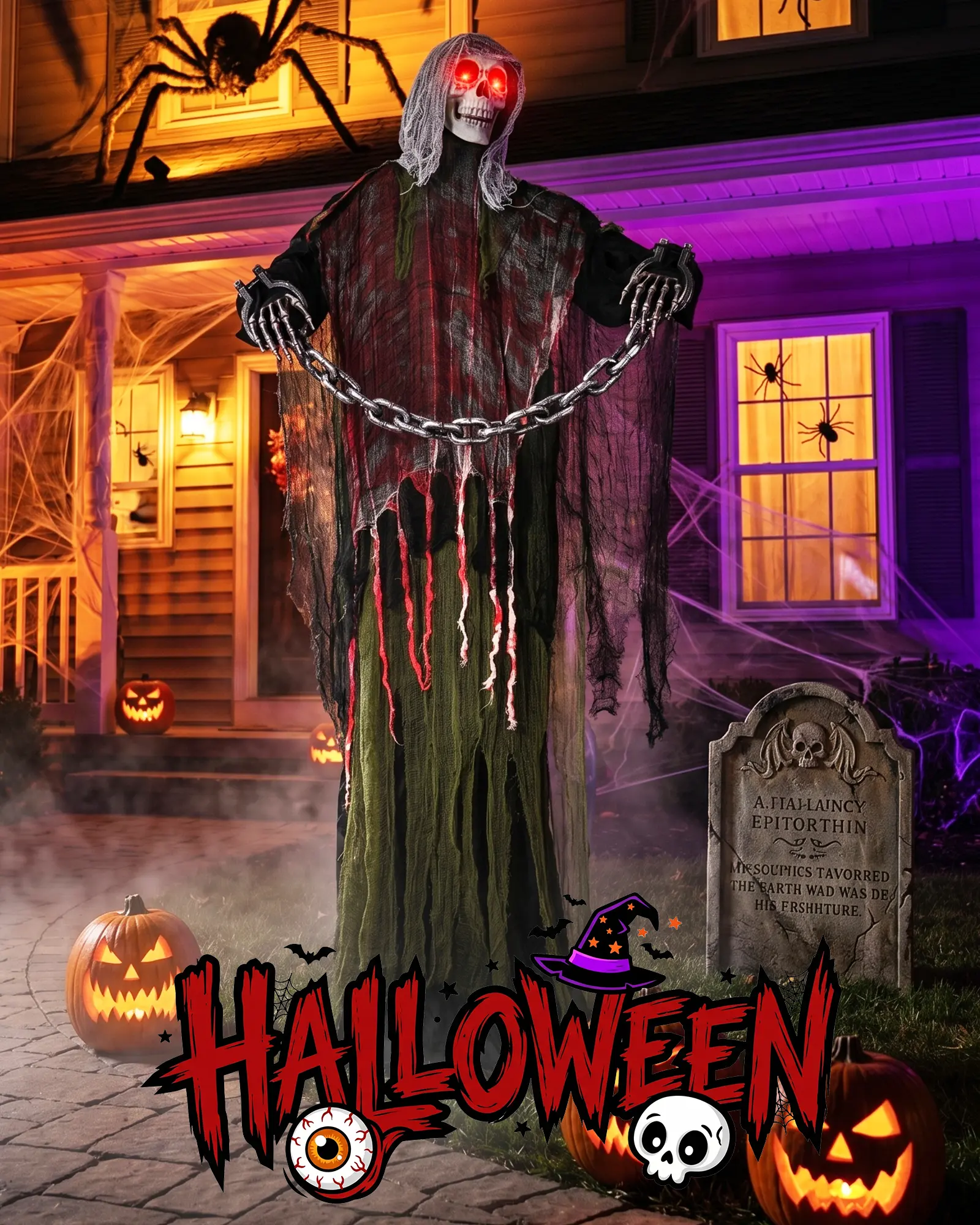 FLACCHI 6FT Life-Size Animated Halloween Skeleton Ghost, Sound-Activated Standing Ghost with Glowing Red Eyes, Moving Arms, Black Robe, Bloody Gauze & Chain Shackles for Haunted House, Yard, Porch and Party Plastic