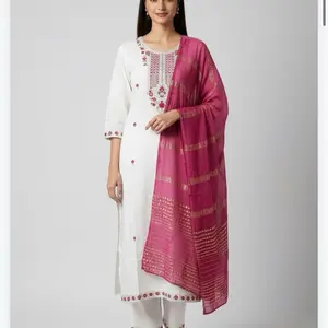 Simple Elegant  Set Perfect for Casual Wear with Teal Dupatta and White Kurta Indian Suits