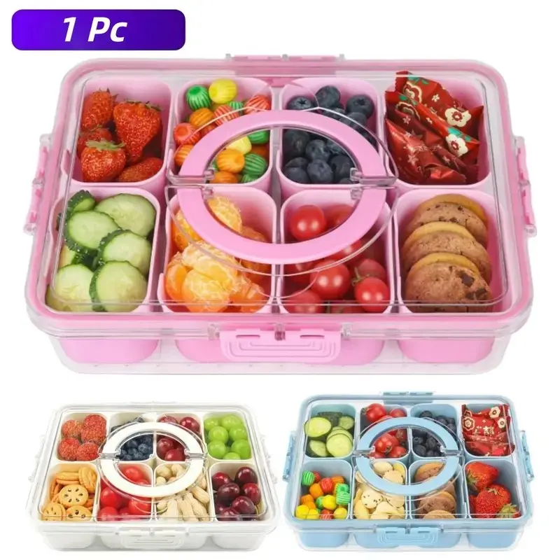 8-Compartment Transparent Snack Box, Lunchbox with Lid & Handle, Food Container, Spice Storage Container, Portable Fruit Candy Nut Tray, Snack Containers, Ideal for Travel Camping