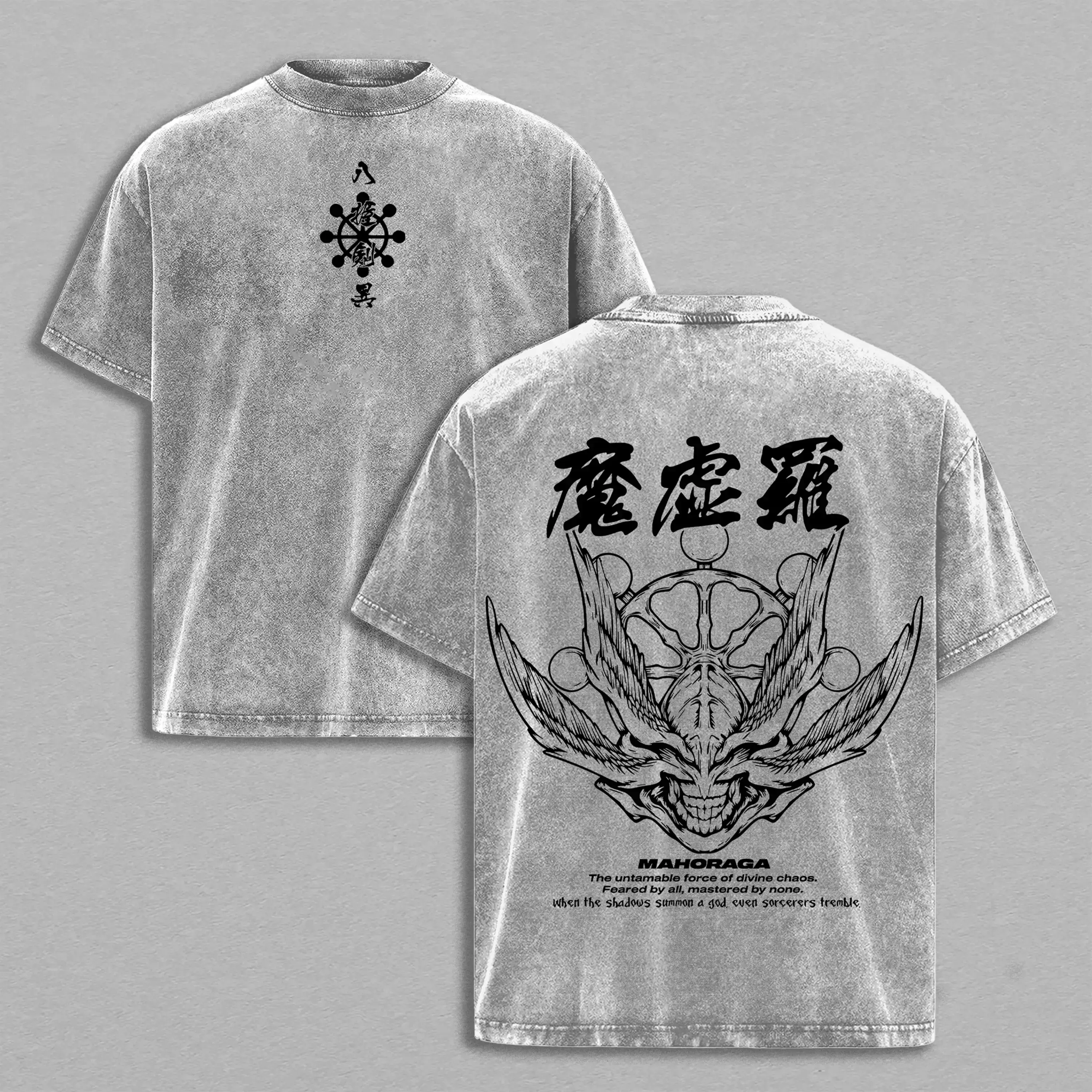 Oversized Jujutsu Kaisen Mahoraga Graphic Print Tshirt - Men's Vintage Washed Streetwear in Soft 230gsm Cotton, Oversized Tee, Jjk Fans, Chic, Jujutsu Kaisen Anime Print Men's Short-Sleeve T-Shirts, Jotaro Graphic Men's Short-Sleeve T-Shirts