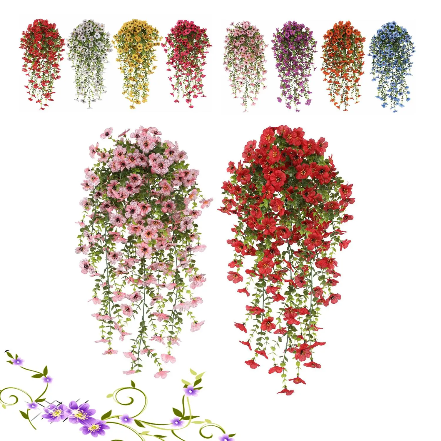 Artificial Potted Plant, 2 Counts Faux Flower Hanging Basket, Decorative Flowers for Home Garden Party Wedding Balcony