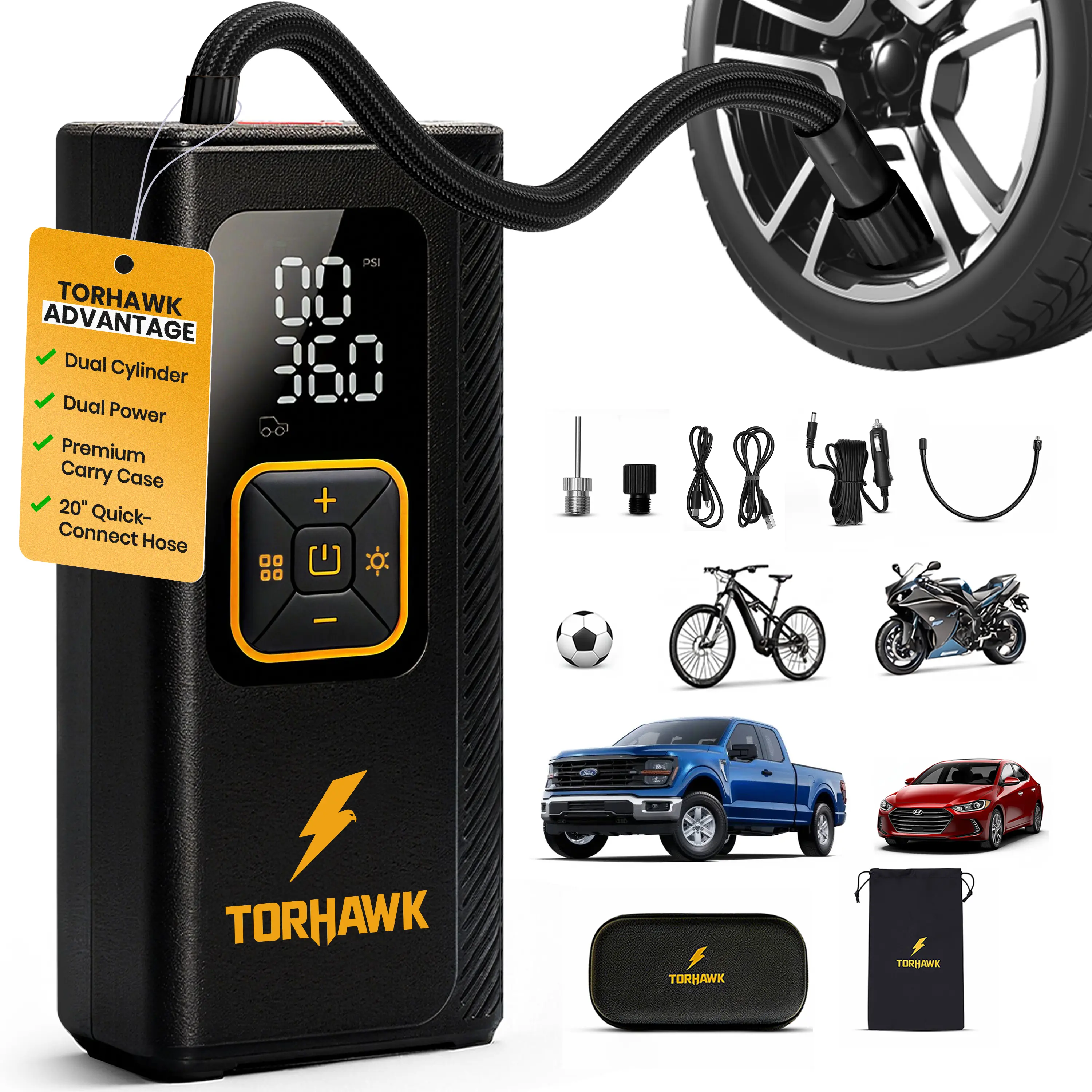 Dual-Cylinder Compact Dual Power Tire Inflator Air Compressor - 160 PSI Max, 7500mAh Batteries, 12V Car Outlet, Automatic Shut-Off, Digital Gauge, LED Light, 20 Mins Use Time, Ball Needle, Storage Case for Cars/SUVs Emergency, Camping