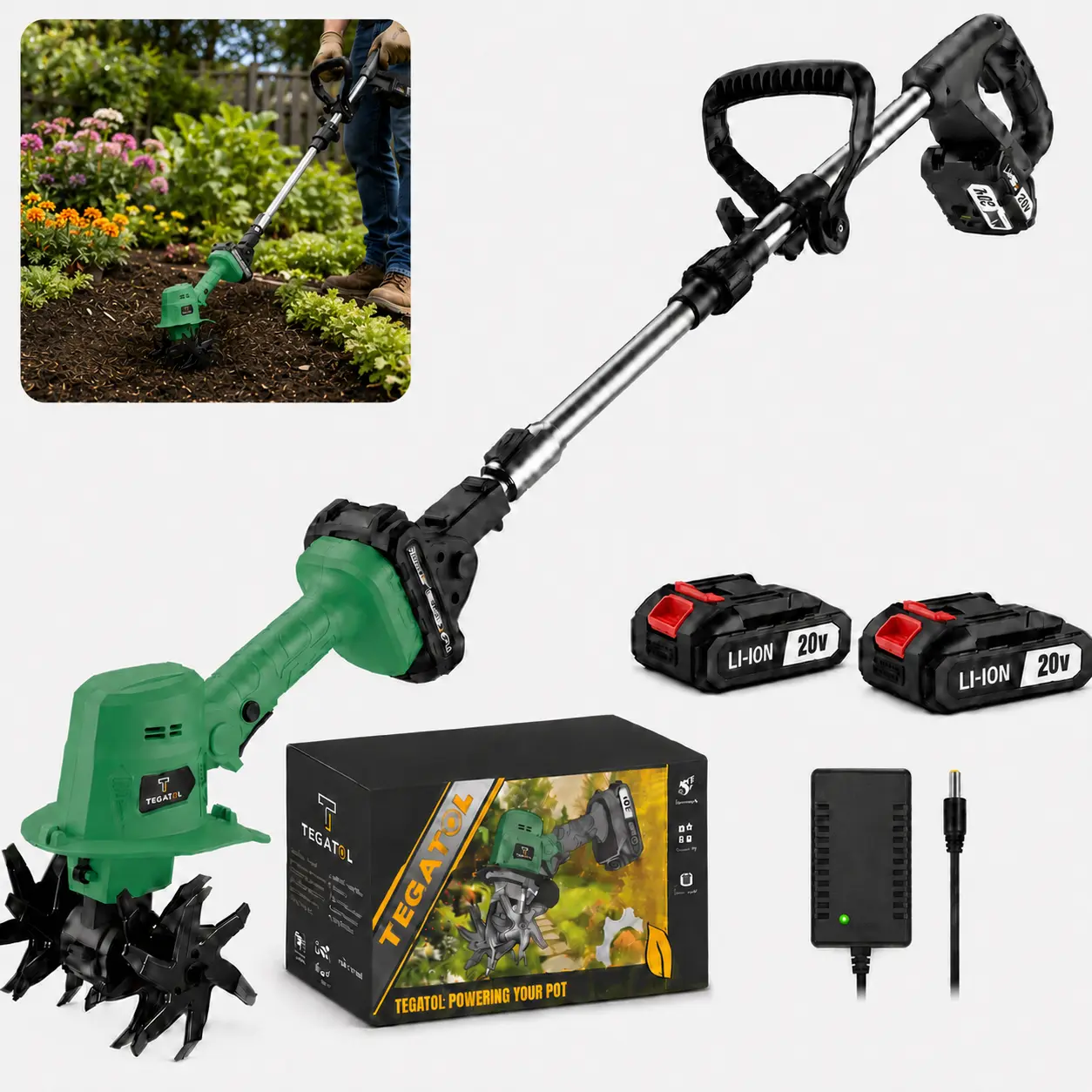 20V Cordless Electric Cultivator Tiller,     2-in-1 Handheld Garden   depth rototiller   with Extension Pole, Battery Powered Soil Loosener for Vegetable Garden, Flower Bed, Raised Bed, Yard Weeding, Battery & Charger
