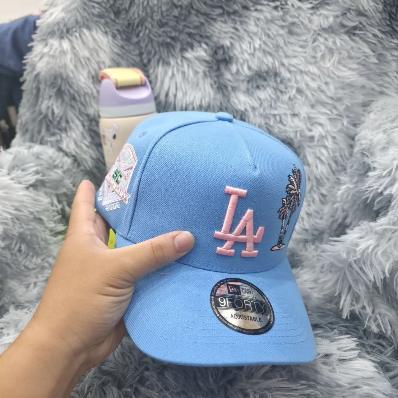 Sky Blue Monogram A-Frame Cap | High-Crown Structured Visor, Pastel Pink Side Patch — The Most Demanded Fit This Season!