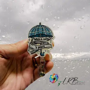 When it Rains, it Pours Badge Reel- Retractable ID Badge Reels - Interchangeable ID Holders - Beaded Nurse Badge Reel - Teacher Lanyards - Magnetic Badge Pin - Stethoscope ID Tag - Phone Tablet Grip - Handmade Gift