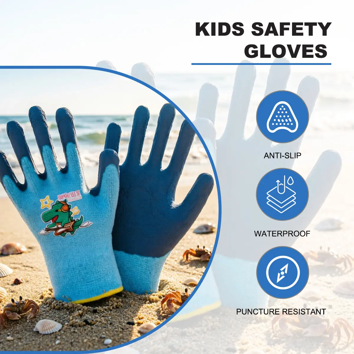 One Pair Kids Protective Work Gloves for Boys Age 5-12 | Light Blue Anti-Slip Grip | Perfect for Beach, Gardening & Pet Handling