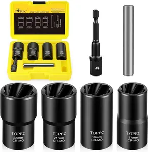 Topec 6PCS Lug Nut Removal Tool, 1/2-Inch Drive Wheel Lock Removal Kit, 17,19,21,22mm Stripped Lug Nut Remover, Extractor Socket Set for Broken, Damaged, Rounded Bolts