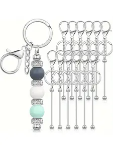 6 Piece Beaded Keychain Set, DIY Keyring Making Materials, Silver Color Metal Beads Blank Keychains, Handmade Jewelry Accessories, Trendy Cute Keychain