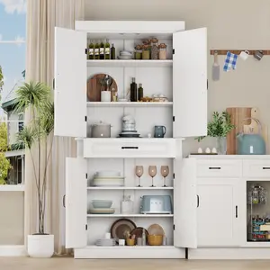 71'' Tall Adjustable Shelf Kitchen Cabinet - White 2-Door Freestanding Pantry with Drawer for Kitchen & Bathroom