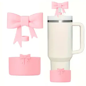 Bow Decor Straw Cover & Silicone Boot, 2 Counts/set Cute Pastel Straw Cover Cap & Silicone Boot, Drink Protector, Straw Spout Lid, Insulated Drinkware Tumbler Bottles Accessories for 40oz/30oz Cup, Mug, Drinking Gadgets