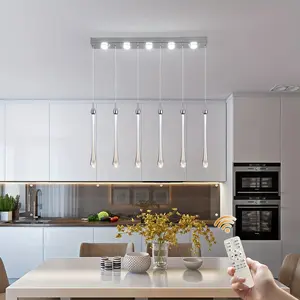 Dimmable LED Crystal Pendant Light with Bubble Glass Teardrop, 6-Light Chrome Chandelier for Kitchen Island and Dining Room