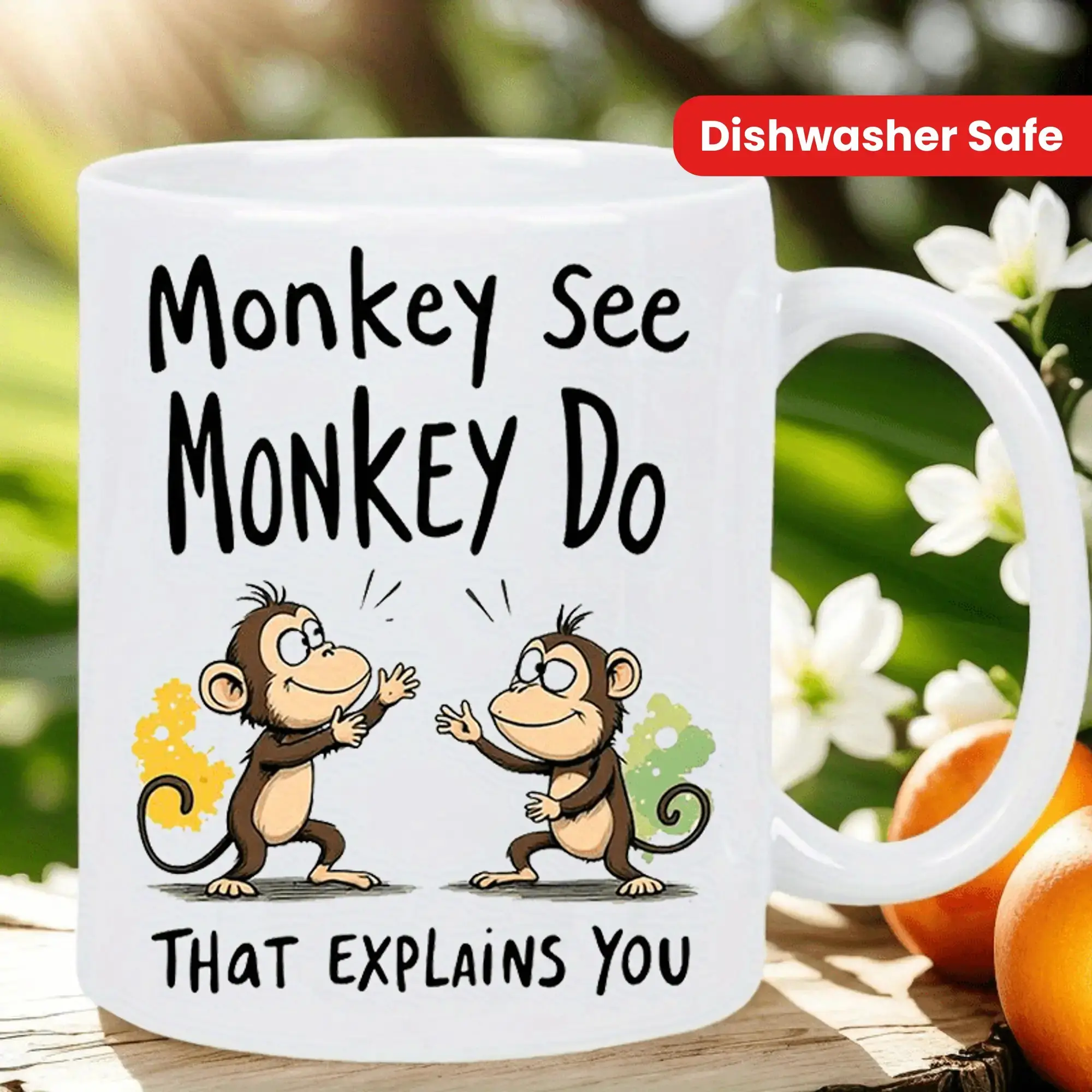 Comays "Monkey See Monkey Do" Insulated Ceramic Mug - Reusable, Dishwasher Safe, Ideal for Hot & Cold Drinks - Perfect Gift for Birthdays, Christmas, Valentine's Day - White with Playful Monkeys Design, Monkey Decor