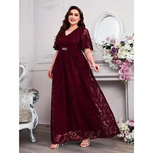 Women's Plus Size Solid Floral Lace Swing Maxi Dress - Elegant Cinched Waist Flutter Sleeve V Neck - For Party & Banquet -  Suitable for Plus Size Women - Perfect Gift for Special Occasions