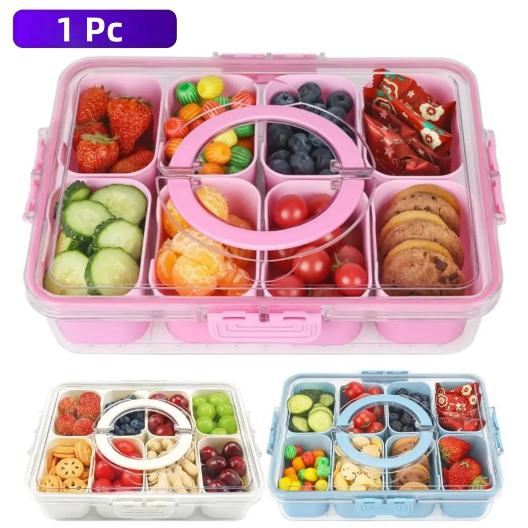 1Pc Divided Serving Tray with Lid-Snackle Box Charcuterie Container for Portable Snack Platters-Food Storage Containers with Lids - Clear Organizer for Candy, lunch bento box, Fruit Vegetable Organizer, Perfect for Party,Travel(4/8 Compartments)