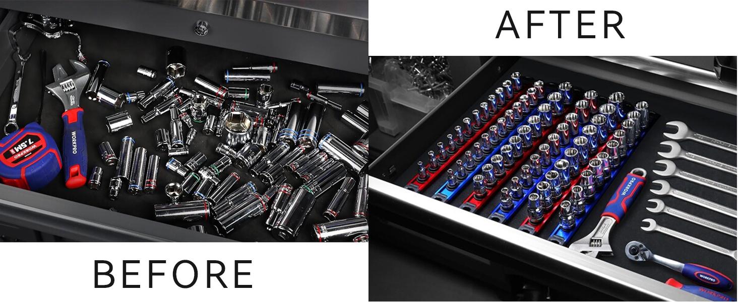 Magnetic Socket Holder Organizer Set: 9-Piece Detachable 1/4, 3/8, 1/2 Socket Trays Socket Organizer for Tool Box Drawer Holds 120-Piece Standard Size Sockets for Automotive Garage, Christmas gift