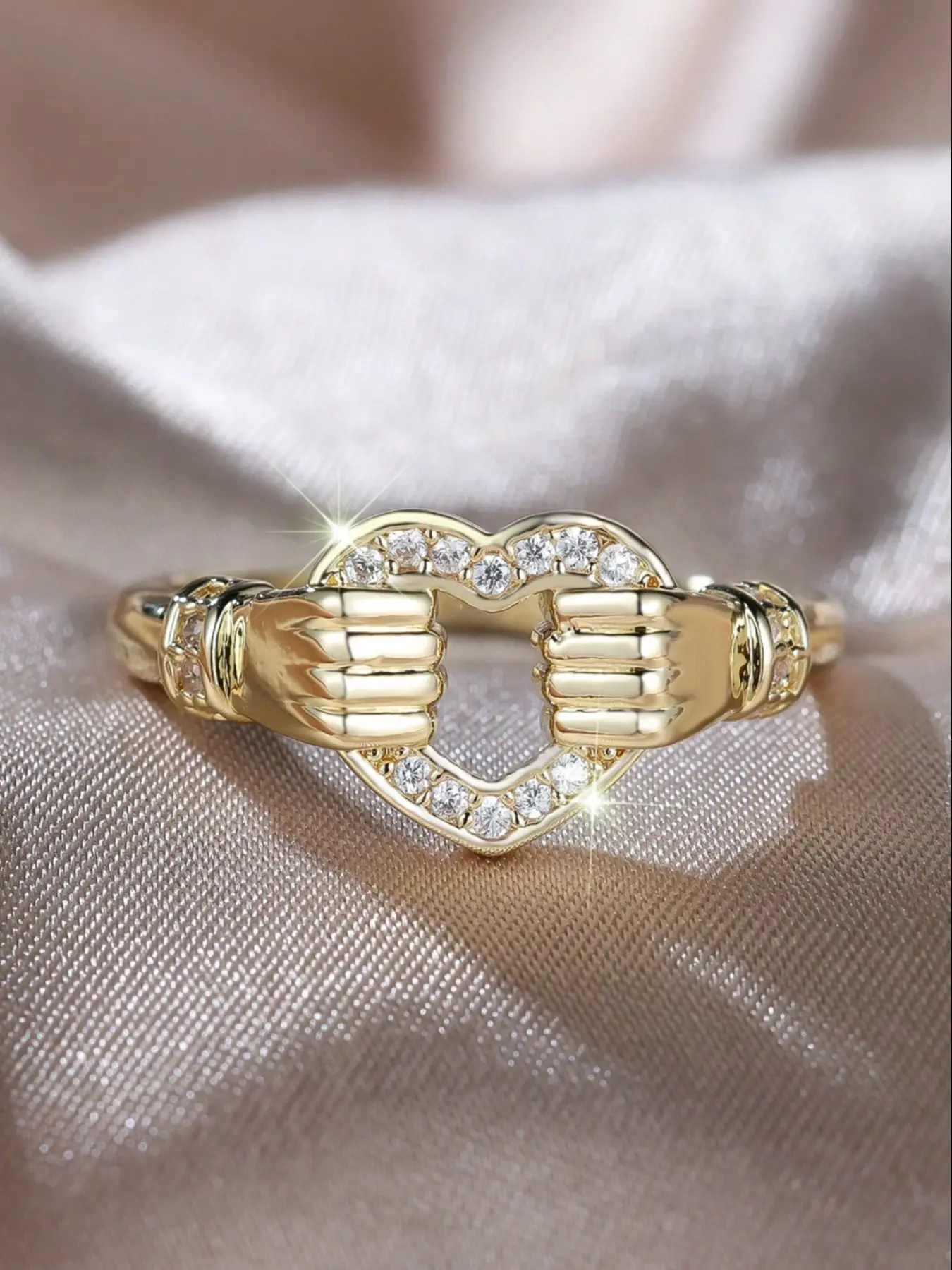 A personalized ring featuring a golden, circular white diamond design with a heart-shaped motif and intricate details, perfect for everyday wear or special occasions for women, Elegant Everyday Ring, Heart Signet Ring, Wedding Rings, Beautiful Rings