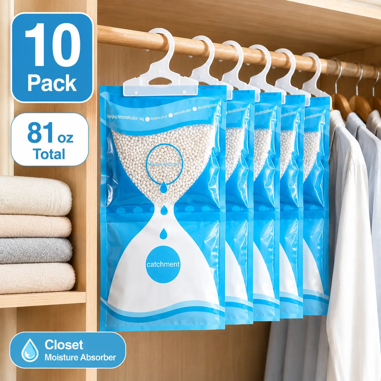 Hanging PE Dehumidifier Bags with Moisture Proof Design, 10-Pack 81 oz Solid Humidity Absorber for Mold & Musty Odor Prevention, Ideal for Closet, Bathroom, Shoe Cabinet, Fragrance-Free Moth, Mold & Damp Proofing