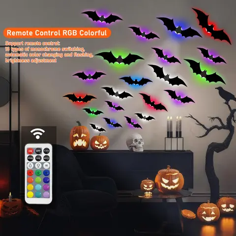 VKK-3D Bat RGB Lights with Remote Waterproof Decorations Spooky Omaments for Home Party Festival Halloween Easy Install Wall Stickers Smooth App lication