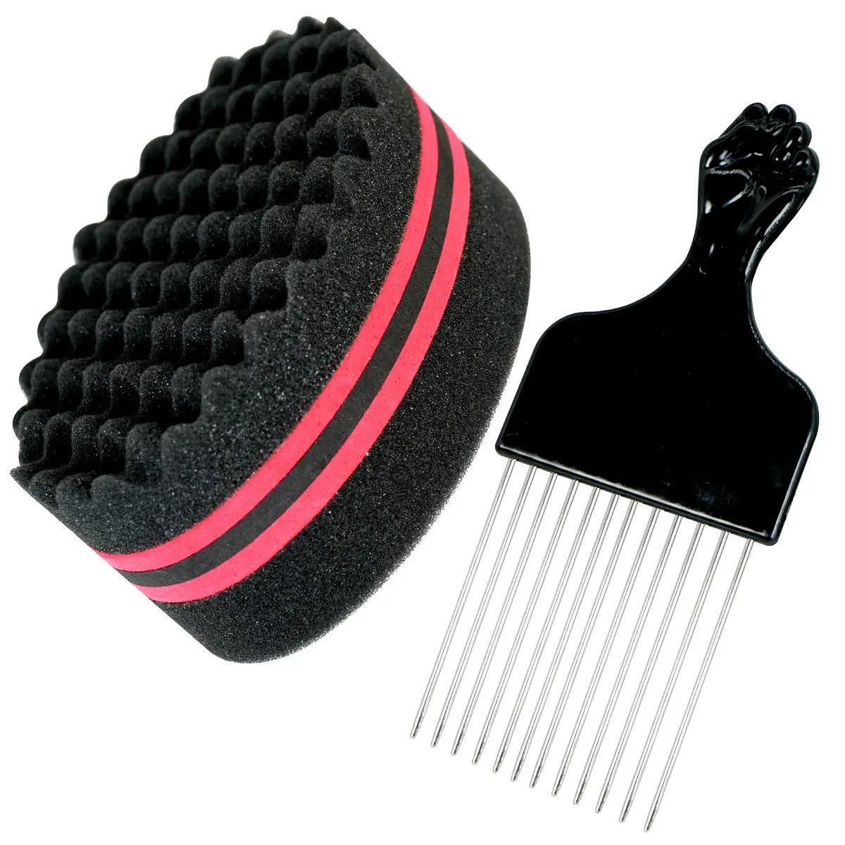 Afro Hair Styling Set: Curl Sponge & Stainless Steel Pick Comb – Soft Foam Tool for Curly Hair/Dreads/Waves, Black, Hair Styling Combs, Curl Hair Brush, Curl Defining Brush, Hair Styling Tools