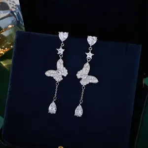 Women's Butterfly Star Drop Earrings - Sparkly Heart Stud Dangle Style with Teardrop Crystal Artificial Gemstones, Silver Statement Look Jewelry for Party, Date Night Gift