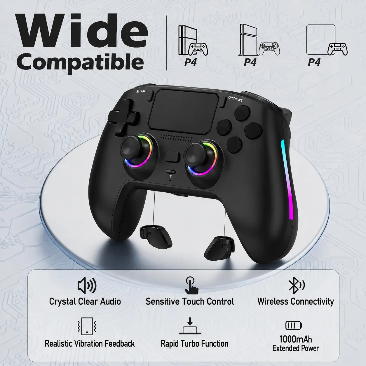 Wireless Gamepad Remote Controller for PS4, Battery-Powered Video Game Accessory with Hall Effect Joysticks, Color Changing RGB Lighting, Turbo Fire, Macro Programming, Dual Vibration, 1000mAh Battery