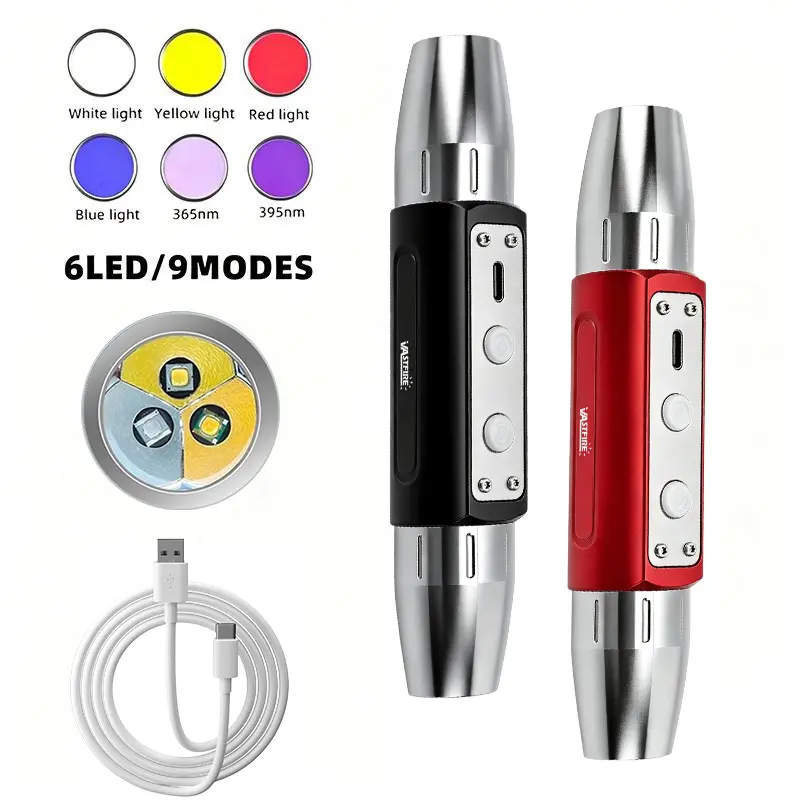VASTFIRE Professional Jewelry Inspection LED Flashlight - High-Power Dual-Headed Metal (304 Stainless Steel) UV Lamp, 6-in-1 365nm-395nm UV LED Lights, Waterproof, Lithium Batteries, USB Port, Yellow Accents for Jade Identification