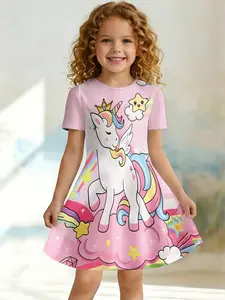 Women's Unicorn Print Dress, Dreamy Asymmetrical Design, Casual Fitted One-Piece Knee Length, Summer Fashion