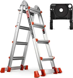 HBTower Ladder, A Frame 4 Step Extension Ladder, 17 FT Multi Position Ladder with Removable Tool Tray and Stabilizer Bar, 300 lbs Safe Load Telescopic Ladder for Home Indoor and Outdoor Work